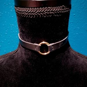 Black leather & Gold Circle Pendant Choker
